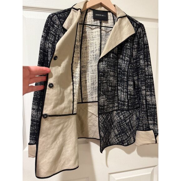 Lafayette 148 New York Black White Cotton Linen Blend Cuffed Jacket 12 Career - Picture 4 of 8